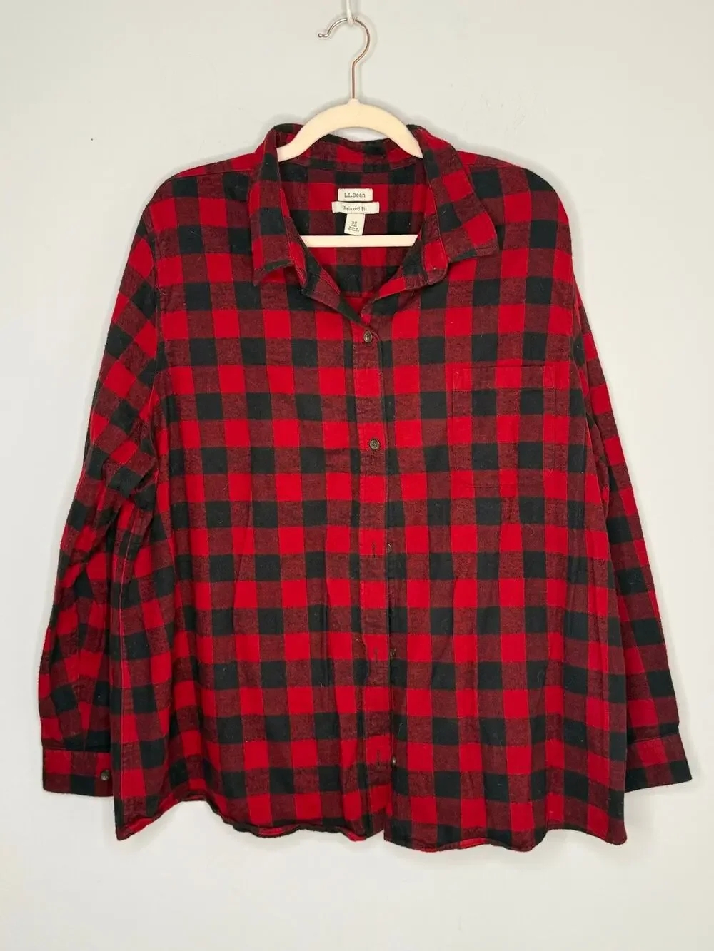 L.L.Bean Red Black Buffalo Plaid Loose Fit Flannel Button-Down Shirt Womens 3X